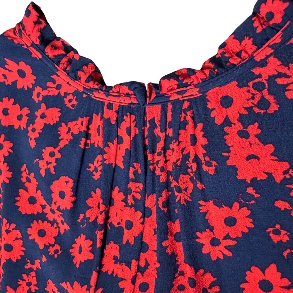 LOFT Dress XS Navy Blue Red Floral Print Drop Waist Ruffle Mini Cottagecore - Picture 6 of 8